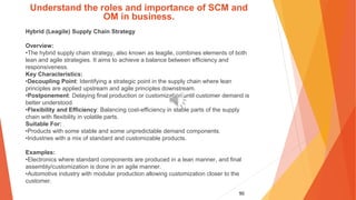 90
Understand the roles and importance of SCM and
OM in business.
Hybrid (Leagile) Supply Chain Strategy
Overview:
•The hybrid supply chain strategy, also known as leagile, combines elements of both
lean and agile strategies. It aims to achieve a balance between efficiency and
responsiveness.
Key Characteristics:
•Decoupling Point: Identifying a strategic point in the supply chain where lean
principles are applied upstream and agile principles downstream.
•Postponement: Delaying final production or customization until customer demand is
better understood.
•Flexibility and Efficiency: Balancing cost-efficiency in stable parts of the supply
chain with flexibility in volatile parts.
Suitable For:
•Products with some stable and some unpredictable demand components.
•Industries with a mix of standard and customizable products.
Examples:
•Electronics where standard components are produced in a lean manner, and final
assembly/customization is done in an agile manner.
•Automotive industry with modular production allowing customization closer to the
customer.
 