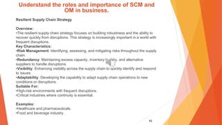 91
Understand the roles and importance of SCM and
OM in business.
Resilient Supply Chain Strategy
Overview:
•The resilient supply chain strategy focuses on building robustness and the ability to
recover quickly from disruptions. This strategy is increasingly important in a world with
frequent disruptions.
Key Characteristics:
•Risk Management: Identifying, assessing, and mitigating risks throughout the supply
chain.
•Redundancy: Maintaining excess capacity, inventory buffers, and alternative
suppliers to handle disruptions.
•Visibility: Enhancing visibility across the supply chain to quickly identify and respond
to issues.
•Adaptability: Developing the capability to adapt supply chain operations to new
conditions or disruptions.
Suitable For:
•High-risk environments with frequent disruptions.
•Critical industries where continuity is essential.
Examples:
•Healthcare and pharmaceuticals.
•Food and beverage industry.
 