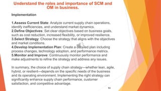 93
Understand the roles and importance of SCM and
OM in business.
Implementation
1.Assess Current State: Analyze current supply chain operations,
identify inefficiencies, and understand market dynamics.
2.Define Objectives: Set clear objectives based on business goals,
such as cost reduction, increased flexibility, or improved resilience.
3.Select Strategy: Choose the strategy that aligns with the objectives
and market conditions.
4.Develop Implementation Plan: Create a detailed plan including
process changes, technology adoption, and performance metrics.
5.Monitor and Improve: Continuously monitor performance and
make adjustments to refine the strategy and address any issues.
In summary, the choice of supply chain strategy—whether lean, agile,
hybrid, or resilient—depends on the specific needs of the business
and its operating environment. Implementing the right strategy can
significantly enhance supply chain performance, customer
satisfaction, and competitive advantage.
 