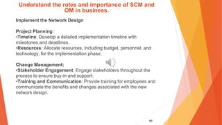 99
Understand the roles and importance of SCM and
OM in business.
Implement the Network Design
Project Planning:
•Timeline: Develop a detailed implementation timeline with
milestones and deadlines.
•Resources: Allocate resources, including budget, personnel, and
technology, for the implementation phase.
Change Management:
•Stakeholder Engagement: Engage stakeholders throughout the
process to ensure buy-in and support.
•Training and Communication: Provide training for employees and
communicate the benefits and changes associated with the new
network design.
 