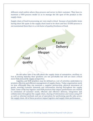 White paper on Building Supply Network beyond risks factor
different retail outlets where they procure and server to their customer. They have to
maintain a FIFO process model so as to manage the life span of the product in the
supply chain.
Supply chain of food & processing are very much critical because of perishable items
having short life spam so the supply chain need to be short and fast. If FIFO process is
not maintained them there is a risk factor of quality/freshness of food.
On the other side if we talk about the supply chain of automotive, ancillary or
Iron & mining industry their products are not perishable but still are more critical
more from demand & supply prospective.
Logistics and SCM practices may be defined as a set of activities undertaken to
promote effective and efficient management of supply chains. Today organization work
on how efficiently they can maintain a supplier partnership, physical movement of
goods, meeting customer demands and information sharing throughout the supply
chain. Some of the key logistics and SCM practices that impact performance are related
to estimation of customer needs, efficient and effective delivery, integration and
collaboration throughout the supply chain, sharing of information and vision using ICT
as well as informal methods and use of specialists for performing specific jobs across
the supply chain. All of these practices impact logistics and supply chain performance.
Food
quality
Short
lifespan
Faster
Delivery
 