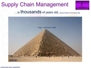 Supply Chain Management                                                Daniel Newman
                                                                         International Project Manager




            …is thousands of years old, (aproximately 4,579 years old)



                                      Height : 139 meters (456ft)




              2570 BC

INTERNATIONAL PROJECT MANAGEMENT
 