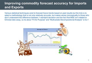 Improving commodity forecast accuracy for Imports
and Exports
Various statistical techniques exist to forecast future trends based on past results but the trick is to
select a methodology that is not only relatively accurate, but makes sense (conceptually to those who
don’t understand the difference between 1 standard deviation and the fact that MSE isn’t related to
Chinese take away, so its about “Fit for Purpose” and “Multivariate Decompositional Analysis” is fun !




                                                                                                      4
 
