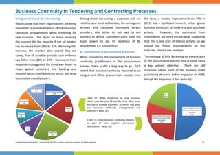 Business Con nuity in Tendering and Contrac ng Processes 
 



Being asked about BC in tendering                         Among  those  not  seeing  a  customer  pull  are  the  start,  a  modest  improvement  on  47%  in 
Results show that more organisa ons are being  retailers  and  local  authori es,  the  emergency  2011,  but  a  signiﬁcant  minority  either  ignore 
requested to provide evidence of their business  services  and  regulated  monopoly  service                 business con nuity or make it a post‐purchase 
con nuity  arrangements  when  tendering  for  providers,  who  either  do  not  seek  to  win     ac vity.    However,  the  comments  from          
new  business.    The  ﬁgure  for  those  receiving  business  or  whose  customers  don’t  have  the  respondents are more encouraging, sugges ng 
this  request  for  the  majority  if  not  all  tenders  buyer  power  to  ask  for  evidence  of  BC           this  is  one  area  of  intense  ac vity,  so  we 
                                                                                                             that 
has increased from 28% to 33%. Mirroring this  programmes (i.e. consumers).                                  should  see  future  improvements  on  this        
increase,  the  number  who  stated  they  are     BC involvement in procurement processes                   indicator.  Here’s one example: 
rarely,  if  at  all  asked  to  provide  such  evidence                                                                                        “Increasingly BCM is becoming an integral part 
                                                          When considering the involvement of business 
has  fallen  from  24%  to  19%.    Comments  from                                                                                              of  the  procurement  process  and  in  some  cases 
                                                          con nuity  prac oners  in  the  procurement 
respondents suggested the trend was driven by  process,  there  is  s ll  a  long  way  to  go.    51%                                          a  key  upfront  objec ve.    There  are  s ll           
major  global  customers,  the  banking  and                                                                                                    occasions  where  parts  of  the  business  make 
                                                          stated  that  business  con nuity  featured  as  an 
ﬁnancial sector, the healthcare sector and large  integral part of the procurement process from                                                 purchasing decisions before engaging on BCM, 
automo ve manufacturers.                                                                                                                        though the frequency is fast reducing” 




                                                                                         Chart  10:  When  tendering  for  new  business     
                                                                                         clients over the past 12 months, how o en have 
                                                                                         you had to provide assurance to clients that your 
                                                                                         own  business  con nuity  arrangements  are     
                                                                                         suﬃcient?  Base: 207 


                                                                                          Chart  11:  Does  business  con nuity  feature 
                                                                                          as  part  of  your  supplier  contractual        
                                                                                          discussions?  Base: 202 




Supply Chain Resilience 2012.  Copyright © 2012 The Business Con nuity Ins tute.  All Rights Reserved.                                                                                          14 
 