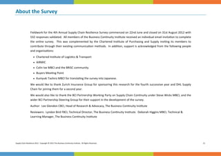 About the Survey 
 




                  Fieldwork for the 4th Annual Supply Chain Resilience Survey commenced on 22nd June and closed on 31st August 2012 with 
                  532 responses validated.  All members of the Business Con nuity Ins tute received an individual email invita on to complete 
                  the  online  survey.    This  was  complemented  by  the  Chartered  Ins tute  of  Purchasing  and  Supply  invi ng  its  members  to     
                  contribute through their exis ng communica on methods.  In addi on, support is acknowledged from the following people 
                  and organisa ons: 
                       Chartered Ins tute of Logis cs & Transport 

                       AIRMIC 

                       Colin Ive MBCI and the BRiSC community 

                       Buyers Mee ng Point   

                       Kuniyuki Tashiro MBCI for transla ng the survey into Japanese. 

                  We would like to thank Zurich Insurance Group for sponsoring this research for the fourth successive year and DHL Supply 
                  Chain for joining them for a second year. 
                  We would also like to thank the BCI Partnership Working Party on Supply Chain Con nuity under Steve Wicks MBCI, and the 
                  wider BCI Partnership Steering Group for their support in the development of the survey. 
                  Author:  Lee Glendon CBCI, Head of Research & Advocacy, The Business Con nuity Ins tute 
                  Reviewers:  Lyndon Bird FBCI, Technical Director, The Business Con nuity Ins tute.  Deborah Higgins MBCI, Technical & 
                  Learning Manager, The Business Con nuity Ins tute 




Supply Chain Resilience 2012.  Copyright © 2012 The Business Con nuity Ins tute.  All Rights Reserved.                                                         21 
 