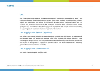 About 
 




                                   DHL 
                                   DHL is the global market leader in the logis cs industry and “The Logis cs company for the world”. DHL 
                                   commits its exper se in interna onal express, air and ocean freight, road and rail transporta on, contract 
                                   logis cs  and  interna onal  mail  services  to  its  customers.  A  global  network  composed  of  more  than  220 
                                   countries  and  territories  and  about  275,000  employees  worldwide  oﬀers  customers  superior  service     
                                   quality and local knowledge to sa sfy their supply chain requirements. DHL accepts its social  responsibility 
                                   by suppor ng climate protec on, disaster management and educa on. 

                                   DHL Supply Chain Service Capability 
                                   DHL Supply Chain provides solu ons for all industry sectors including retail and fashion.  By understanding 
                                   your  business  needs,  DHL  delivers  cost  eﬀec ve  supply  chain  solu ons  that  improve  eﬃciency.    From    
                                   consul ng and design, sourcing and transporta on through to warehousing, order assembly, distribu on 
                                   and  returns,  we  manage  the  full  supply  chain  opera on.  DHL  is  part  of  Deutsche  Post  DHL.  The  Group   
                                   generated revenue of 53 billion euros in 2011. 

                                   DHL Supply Chain Contact Details 
                                   DHL Supply Chain enquiry line: 0800 316 0498  




Supply Chain Resilience 2012.  Copyright © 2012 The Business Con nuity Ins tute.  All Rights Reserved.                                                      25 
 