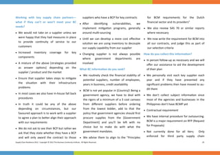  


Working  with  key  supply  chain  partners—             suppliers who have a BCP for key contracts        for  BCM  requirements  for  the  Dutch         
what  if  they  can’t  or  won’t  meet  your  BC                                                           ﬁnancial sector and its providers" 
                                                       A er     iden fying  vulnerabili es,  we             
needs? 
                                                         implement  mi ga on  programs,  generally   We  also  review  SAS  70  or  similar  reports 
 We  would  not  take  on  a  supplier  unless  we     around mul ‐sourcing                              where necessary 
   were happy that they had measures in place   Un l  we  can  develop  a  more  cost  eﬀec ve   We now write the requirement for BCM into 
   to  provide  con nuity  of  service  to  our       
                                                         solu on we are using inventory to decouple        all  our  contracts,  and  judge  this  as  part  of 
   customers                                             our supply capability from our supplier           our selec on criteria 
 Increased       inventory  coverage  for  key       Changing  supplier  is  not  always  possible 
                                                                                                            How do you collect this informa on? 
     components                                            where  government  departments  are                 In person follow‐up as necessary and we will 
   A  mixture  of  the  above  [strategies  provided     involved 
                                                                                                                 oﬀer  our  assistance  to  aid  the  development 
     as  answer  op ons]  depending  on  the            What BC informa on do you seek?                          of their plan 
     supplier / product and the market 
                                                         We  rou nely  check  the  ﬁnancial  stability  of   We  personally  visit  each  key  supplier  each 
   Ensure  that  supplier  takes  steps  to  mi gate      poten al  suppliers,  number  of  employees,         year  and  if  they  have  presented  any           
     the  situa on  with  their  infrastructure      
                                                            years in business, credit availability               signiﬁcant problems then have moved to au‐
     problems                                                                                                    dit them 
                                                         BCM is not yet popular in [Country]! Being a 
   In most cases we also have in‐house fall back          government  agency,  we  have  to  deal  with   We  don't  collect  subject  informa on  since 
     procedures 
                                                            the rigors of a minimum of a 3 cost canvass          most  of  the  agencies  and  businesses  in  the 
   In  truth  it  could  be  any  of  the  above           
                                                            from  diﬀerent  suppliers  before  ordering          Philippines don't have BCMP yet 
     depending  on  circumstances,  but  our          from  the  lowest  bidder,  add  to  that  the     
                                                                                                               Contractual requirement 
     favoured approach is to work with a supplier           policy that government agencies should ﬁrst 
     to agree a plan to be er align their approach          procure  supplies  from  the  [Government     We have internal procedure for outsourcing. 
     with our requirements                                  Department]  and  you'll  be  le   with  no          BCM is a major requirement on RFP (Request 

   We do not ask to see their BCP but rather we           choice  but  to  make  do  with  what  the        for Proposals) 
                                                            government mandates.                               Not  currently  done  for  all  ers;    Only         
     ask that they state whether they have a BCP 
     and  will  only  award  the  contract  to  those   We  advise  them  to  align  to  the  "Principles      enforced  for  third  party  supply  chain         
Supply Chain Resilience 2012.  Copyright © 2012 The Business Con nuity Ins tute.  All Rights Reserved.                                                       29 
 