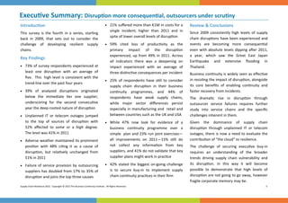 Execu ve Summary: Disrup on more consequen al, outsourcers under scru ny 
 



Introduc on                                                                       21% suﬀered more than €1M in costs for a            Review & Conclusions 
                                                                                      single  incident;  higher  than  2011  and  in  Since  2009  consistently  high  levels  of  supply 
This  survey  is  the  fourth  in  a  series,  star ng 
                                                                                      spite of lower overall levels of disrup on      chain  disrup ons  have  been  experienced  and 
back  in  2009,  that  sets  out  to  consider  the 
challenge  of  developing  resilient  supply                                      59%  cited  loss  of  produc vity  as  the        events  are  becoming  more  consequen al 
chains.                                                                             primary  impact  of  the  disrup on                with  absolute  levels  dipping  a er  2011,  
                                                                                                                                      even 
                                                                                    experienced,  up  from  49%  in  2011.  Across  a  year,  which  saw  the  Great  East  Japan    
Key Findings  
                                                                                    all  indicators  there  was  a  deepening  on   Earthquake  and  extensive  ﬂooding  in         
 73%  of survey respondents experienced at                                        impact  experienced  with  an  average  of  Thailand. 
    least  one  disrup on  with  an  average  of                                    three dis nc ve consequences per incident         Business con nuity is widely seen as eﬀec ve 
    ﬁve.  This  high level is consistent with the 
                                                                                  25%  of  respondents  have  s ll  to  consider   in resis ng the impact of disrup on, alongside 
    trend‐line over the past four years 
                                                                                      supply  chain  disrup on  in  their  business  its  core  beneﬁts  of  enabling  con nuity  and 
 39%  of  analysed  disrup ons  originated                                          con nuity  programmes,  and  44%  of        faster recovery from incidents. 
    below  the  immediate  er  one  supplier,                                         respondents  have  weak  supply  chains,          The  drama c  rise  in  disrup on  through      
    underscoring  for  the  second  consecu ve                                        while  major  sector  diﬀerences  persist         outsourcer  service  failures  requires  further 
    year the deep‐rooted nature of disrup on                                          especially in manufacturing and  retail and       study  into  service  chains  and  the  speciﬁc  
 Unplanned  IT  or  telecom  outages  jumped                                        between countries such as the UK and USA          challenges inherent in them. 
    to  the  top  of  sources  of  disrup on  with                                While  47%  now  look  for  evidence  of  a     Given  the  dominance  of  supply  chain           
    52%  aﬀected  to  some  or  a  high  degree.                                      business  con nuity  programme  over  a           disrup on  through  unplanned  IT  or  telecom     
    The level was 41% in 2011                                                         simple  plan and 23% run joint exercises—         outages, there is now  a need to evaluate the 
 Adverse weather maintained its prominent                                           all  improvements  on  2011—15%  s ll  do         contribu on of “the cloud” to resilience. 
    posi on  with  48%  ci ng  it  as  a  cause  of                                   not  collect  any  informa on  from  key          The  challenge  of  securing  execu ve  buy‐in 
    disrup on,  but  rela vely  unchanged  from                                       suppliers, and 41% do not validate that key       requires  an  understanding  of  the  broader 
    51% in 2011                                                                       supplier plans might work in prac ce              trends  driving  supply  chain  vulnerability  and 
 Failure  of  service  provision  by  outsourcing                               42%  stated  the  biggest  on‐going  challenge      its  disrup on.  In  this  way  it  will  become      
    suppliers has doubled from 17% to 35% of                                          is  to  secure  buy‐in  to  implement  supply     possible  to  demonstrate  that  high  levels  of 
    disrup on and joins the top three causes                                          chain con nuity prac ces in their ﬁrm             disrup on are not going to go away, however 
                                                                                                                                        fragile corporate memory may be. 
Supply Chain Resilience 2012.  Copyright © 2012 The Business Con nuity Ins tute.  All Rights Reserved.                                                                                   3 
 