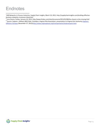 Page 25
Endnotes
i
B2B Networks in Process Industries, Supply Chain Insights, March 10, 2015, http://supplychaininsights.com/building-effective-
business-networks-in-process-industries/
ii
Lora Cecere, Forbes, January 10, 2015, http://www.forbes.com/sites/loracecere/2015/01/08/the-chassis-is-the-missing-link/
iii
Source: Captain J. William (Bill) Cofer, President, Virginia Pilot Association, presentation to Virginia Port Authority Virginia's
Offshore Fairways (November 27, 2012)/http://www.virginiaplaces.org/transportation/shiptransport.html
 