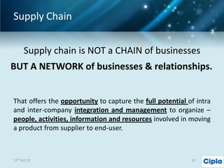 Supply Chain
Supply chain is NOT a CHAIN of businesses
BUT A NETWORK of businesses & relationships.
That offers the opportunity to capture the full potential of intra
and inter-company integration and management to organize –
people, activities, information and resources involved in moving
a product from supplier to end-user.

17th Oct 13

12

 