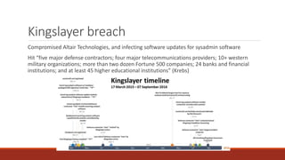 Kingslayer breach
Compromised Altair Technologies, and infecting software updates for sysadmin software
Hit “five major defense contractors; four major telecommunications providers; 10+ western
military organizations; more than two dozen Fortune 500 companies; 24 banks and financial
institutions; and at least 45 higher educational institutions” (Krebs)
 