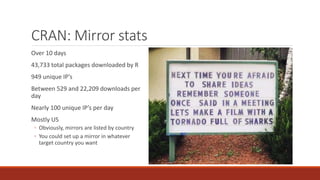 CRAN: Mirror stats
Over 10 days
43,733 total packages downloaded by R
949 unique IP’s
Between 529 and 22,209 downloads per
day
Nearly 100 unique IP’s per day
Mostly US
◦ Obviously, mirrors are listed by country
◦ You could set up a mirror in whatever
target country you want
 