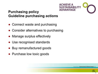 Purchasing policy Guideline purchasing actions Connect waste and purchasing Consider alternatives to purchasing Manage surplus effectively Use recognised standards Buy remanufactured goods Purchase low toxic goods 