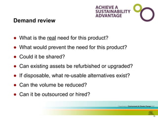 Demand review What is the  real  need for this product? What would prevent the need for this product? Could it be shared? Can existing assets be refurbished or upgraded? If disposable, what re-usable alternatives exist? Can the volume be reduced? Can it be outsourced or hired? 