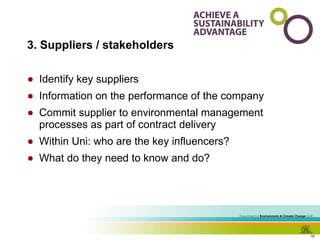 3. Suppliers / stakeholders Identify key suppliers Information on the performance of the company Commit supplier to environmental management processes as part of contract delivery Within Uni: who are the key influencers?  What do they need to know and do? 