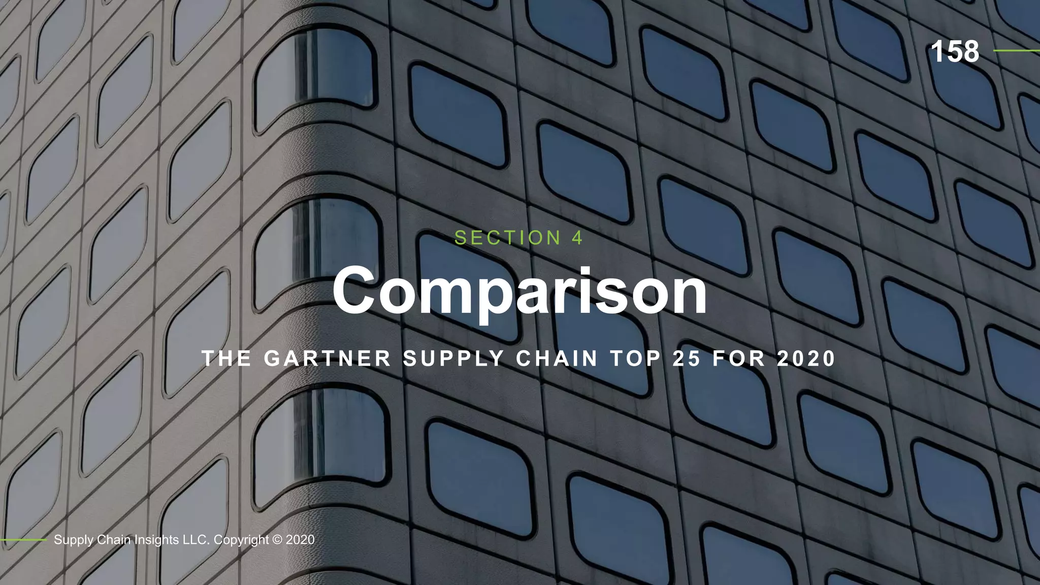 Comparison
Supply Chain Insights LLC. Copyright © 2020
S E C T I O N 4
158
TH E GA R TN ER SU PPLY C H A IN TOP 25 FOR 2020
 