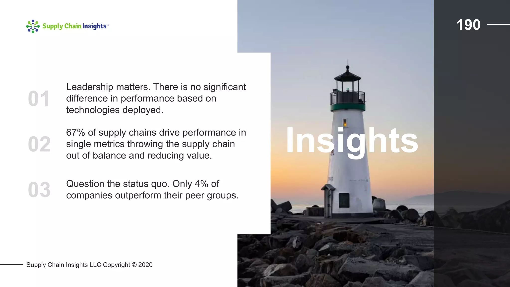 Supply Chain Insights LLC Copyright © 2020
01
Leadership matters. There is no significant
difference in performance based on
technologies deployed.
02
67% of supply chains drive performance in
single metrics throwing the supply chain
out of balance and reducing value.
03 Question the status quo. Only 4% of
companies outperform their peer groups.
Insights
190
 