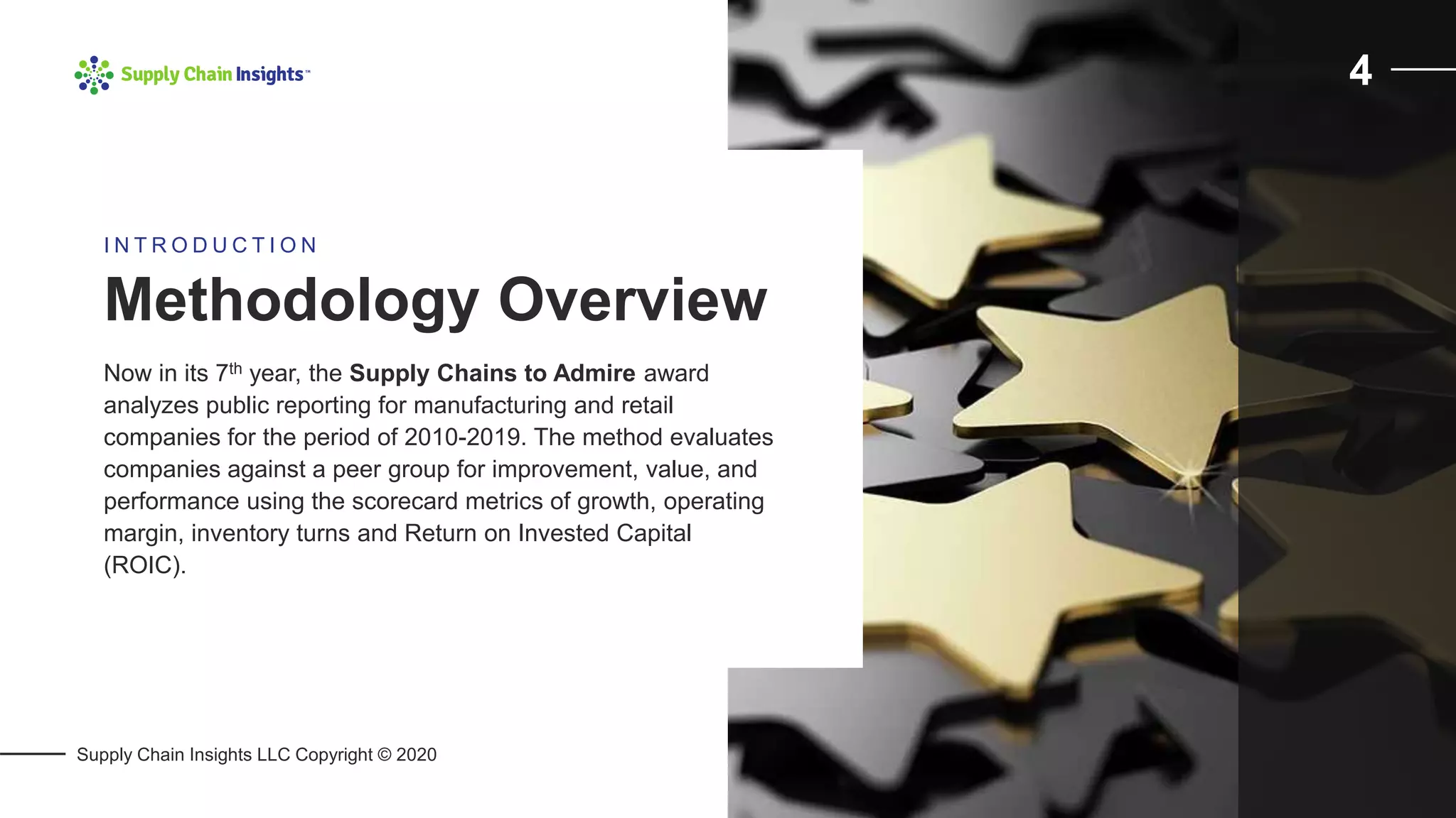 Supply Chain Insights LLC Copyright © 2020
4
Now in its 7th year, the Supply Chains to Admire award
analyzes public reporting for manufacturing and retail
companies for the period of 2010-2019. The method evaluates
companies against a peer group for improvement, value, and
performance using the scorecard metrics of growth, operating
margin, inventory turns and Return on Invested Capital
(ROIC).
Methodology Overview
I N T R O D U C T I O N
 