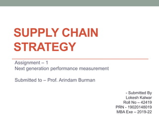 SUPPLY CHAIN
STRATEGY
Assignment – 1
Next generation performance measurement
Submitted to – Prof. Arindam Burman
- Submitted By
Lokesh Kalwar
Roll No – 42419
PRN - 19020148019
MBA Exe – 2019-22
 
