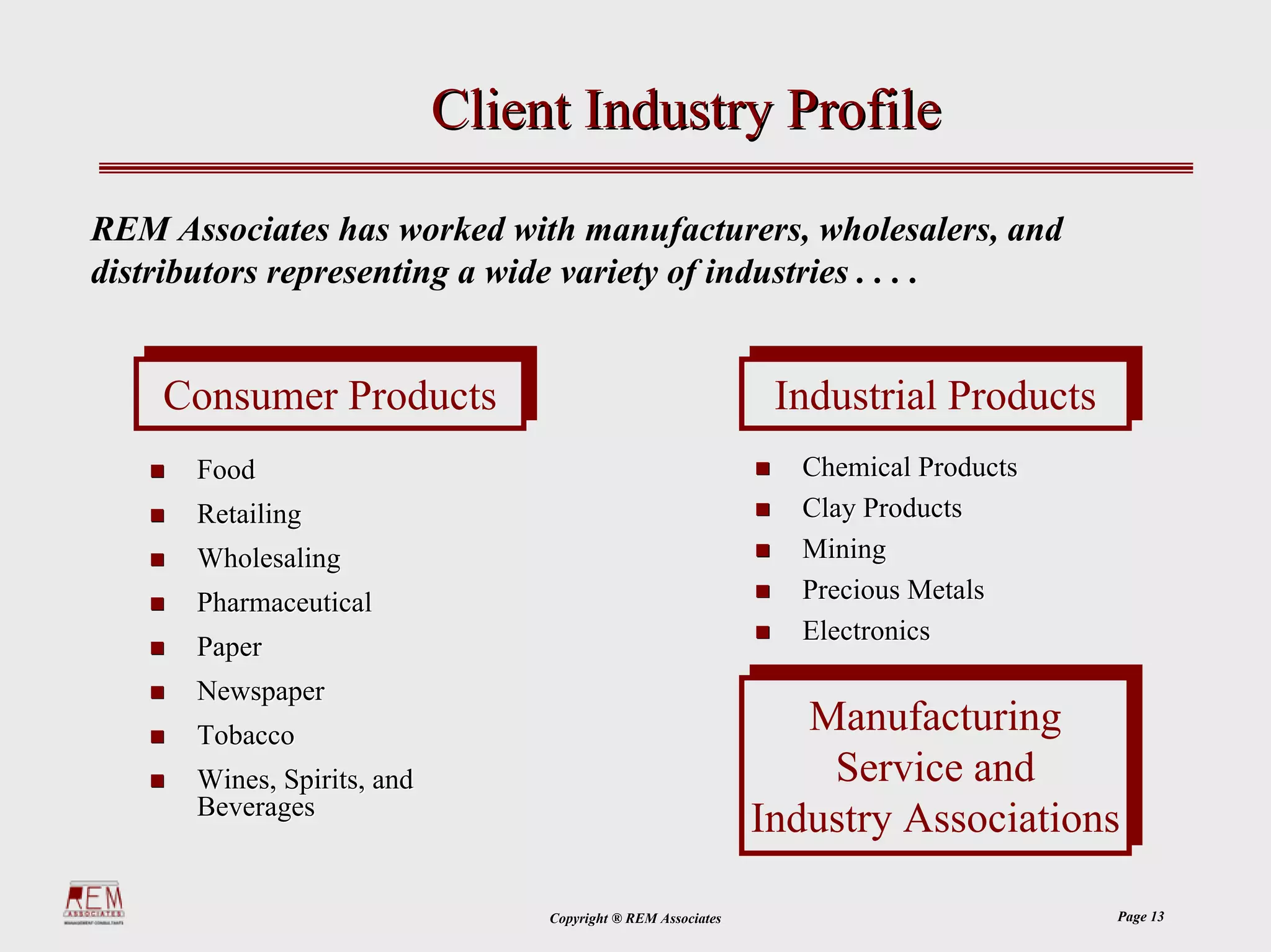 Client Industry Profile

REM Associates has worked with manufacturers, wholesalers, and
distributors representing a wide variety of industries . . . .


    Consumer Products
    Consumer Products                                           Industrial Products
                                                               Industrial Products
      Food                                                      Chemical Products
      Retailing                                                 Clay Products
      Wholesaling                                               Mining
      Pharmaceutical                                            Precious Metals
                                                                Electronics
      Paper
      Newspaper
                                                                  Manufacturing
                                                                  Manufacturing
      Tobacco
      Wines, Spirits, and
                                                                   Service and
                                                                   Service and
      Beverages                                                Industry Associations
                                                              Industry Associations

                                 Copyright ® REM Associates                           Page 13
 