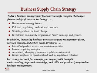 Business Supply Chain Strategy
Today’s business management faces increasingly complex challenges
from a variety of sources, including . . . .
    Business technology issues
    Political, regulatory, and external controls
    Sociological and cultural change
    Investment community emphasis on “real” earnings and growth.
In addition, increasing business pressures require management focus,
decision making, and action plans directed at . . . .
    Intensified product, service, and market competition
    Innovative pricing strategies
    A constantly changing government regulatory environment
    Greater emphasis on operational and working capital cost reduction
Increasing the need for managing a company with in-depth
understanding, improved knowledge, and skills not previously required in
business management.
                                 Copyright ® REM Associates              Page 3
 