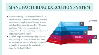 MANUFACTURING EXECUTION SYSTEM
A manufacturing execution system (MES) is
an information system that connects, monitors
and controls complex manufacturing systems
and data flows on the factory floor. The main
goal of an MES is to ensure effective
execution of the manufacturing operations and
improve production output
An MES helps achieve that goal by tracking
and gathering accurate, real-time data about
the complete production lifecycle, beginning
with order release until the product delivery
stage for finished products
 