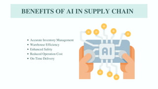 Accurate Inventory Management
Warehouse Efficiency
Enhanced Safety
Reduced Operation Cost
On-Time Delivery
BENEFITS OF AI IN SUPPLY CHAIN
 