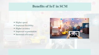 Benefits of IoT in SCM
Higher speed
Improved flexibility
Higher accuracy
Improved segmentation
Increased efficiency
 