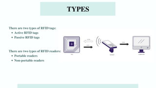 TYPES
There are two types of RFID tags:
Active RFID tags
Passive RFID tags
There are two types of RFID readers:
Portable readers
Non-portable readers
 