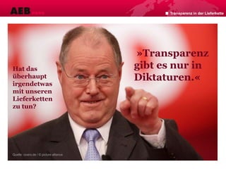 Transparenz in der Lieferkette
»Transparenz
gibt es nur in
Diktaturen.«
Hat das
überhaupt
irgendetwas
mit unseren
Lieferketten
zu tun?
Quelle: cicero.de / © picture alliance
 