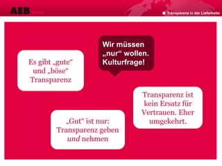 Transparenz in der Lieferkette
Es gibt „gute“
und „böse“
Transparenz
Wir müssen
„nur“ wollen.
Kulturfrage!
Transparenz ist
kein Ersatz für
Vertrauen. Eher
umgekehrt.„Gut“ ist nur:
Transparenz geben
und nehmen
 