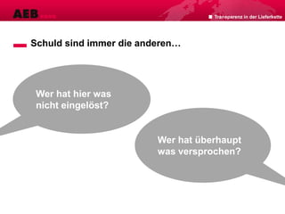 Transparenz in der Lieferkette
Schuld sind immer die anderen…
Wer hat hier was
nicht eingelöst?
Wer hat überhaupt
was versprochen?
 