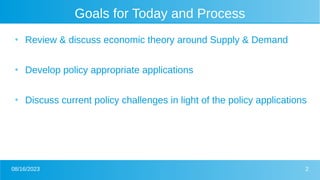 08/16/2023 2
Goals for Today and Process
●
Review & discuss economic theory around Supply & Demand
●
Develop policy appropriate applications
●
Discuss current policy challenges in light of the policy applications
 