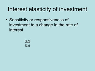 Interest elasticity of investment 
• Sensitivity or responsiveness of 
investment to a change in the rate of 
interest 
%ΔI 
%Δi 
 