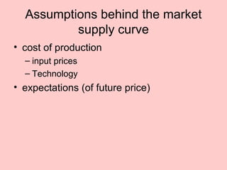 Assumptions behind the market 
supply curve 
• cost of production 
– input prices 
– Technology 
• expectations (of future price) 
 
