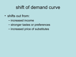 shift of demand curve 
• shifts out from: 
– increased income 
– stronger tastes or preferences 
– increased price of substitutes 
 