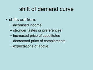 shift of demand curve 
• shifts out from: 
– increased income 
– stronger tastes or preferences 
– increased price of substitutes 
– decreased price of complements 
– expectations of above 
 