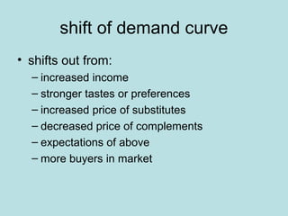 shift of demand curve 
• shifts out from: 
– increased income 
– stronger tastes or preferences 
– increased price of substitutes 
– decreased price of complements 
– expectations of above 
– more buyers in market 
 