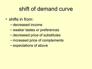 shift of demand curve 
• shifts in from: 
– decreased income 
– weaker tastes or preferences 
– decreased price of substitutes 
– increased price of complements 
– expectations of above 
 
