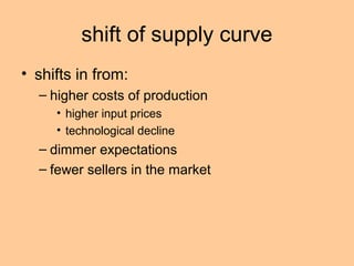 shift of supply curve 
• shifts in from: 
– higher costs of production 
• higher input prices 
• technological decline 
– dimmer expectations 
– fewer sellers in the market 
 
