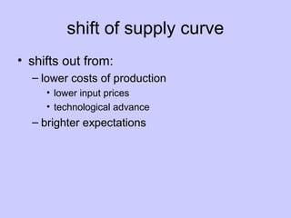 shift of supply curve 
• shifts out from: 
– lower costs of production 
• lower input prices 
• technological advance 
– brighter expectations 
 