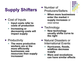 Supply Shifters Cost of Inputs Input costs refer to costs of production Increasing or decreasing costs will impact supply Productivity The more productive workers are or the more efficiently businesses use resources then supply increases! Number of Producers/Sellers When more businesses enter the market = supply increases  or vice-versa Technology New technology usually shifts curve to the right Natural Disasters or International Events Hurricanes, floods, wildfires decrease supply Wars and revolutions can have similar effects 