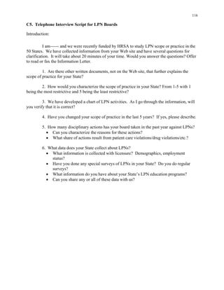 116
C5. Telephone Interview Script for LPN Boards
Introduction:
I am------ and we were recently funded by HRSA to study LPN scope or practice in the
50 States. We have collected information from your Web site and have several questions for
clarification. It will take about 20 minutes of your time. Would you answer the questions? Offer
to read or fax the Information Letter.
1. Are there other written documents, not on the Web site, that further explains the
scope of practice for your State?
2. How would you characterize the scope of practice in your State? From 1-5 with 1
being the most restrictive and 5 being the least restrictive?
3. We have developed a chart of LPN activities. As I go through the information, will
you verify that it is correct?
4. 	Have you changed your scope of practice in the last 5 years? If yes, please describe.
5. 	How many disciplinary actions has your board taken in the past year against LPNs?
•	 Can you characterize the reasons for these actions?
•	 What share of actions result from patient care violations/drug violations/etc.?
6. 	What data does your State collect about LPNs?
•	 What information is collected with licensure? Demographics, employment
status?
•	 Have you done any special surveys of LPNs in your State? Do you do regular
surveys?
•	 What information do you have about your State’s LPN education programs?
•	 Can you share any or all of these data with us?
 