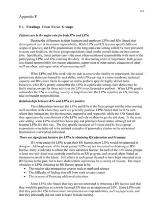 163
Appendix F
F1. Findings From Focus Groups
Patient care is the major role for both RNs and LPNs
Despite the differences in their licensure and employer, LPNs and RNs Stated that
direct patient care is their main responsibility. While LPN and RN licenses specify different
scopes of practice, and LPNs predominate in the long-term care setting with RNs more prevalent
in acute care facilities, the focus group respondents cited similar overall duties in their current
jobs. Specifically, direct patient care is the most often-mentioned responsibility with most of the
participating LPNs and RNs claiming this duty. In descending order of importance, both groups
also Stated responsibility for: patient education, supervision of other nurses, education of other
staff members, and supervision of non-nursing staff.
When LPNs and RNs work side-by-side in a particular facility or department, the actual
patient-care duties performed by each differ, with LPNs serving in a more hands-on, technical
capacity and RNs more likely to supervise and to perform specific highly skilled tasks.
However, when RNs greatly outnumber the LPNs in a particular setting, their duties may be
fairly similar, except for those activities the LPN is not licensed to perform. When LPNs greatly
outnumber the RNs in a setting, usually in long-term care, the LPNs report to an RN, but may
take on broader responsibilities.
Relationships between RNs and LPNs are positive
The relationships between the LPNs and RNs in the focus groups and the other nursing
staff members with whom they work are generally positive. LPNs Stated that the RNs with
whom they interact are, for the most part, supportive and respectful, while the RNs Stated that
they appreciate the contributions of the LPNs and rely on them to get the job done. In the acute
care setting, some LPNs resent their lower pay and perceived lower status, although not all
hospital LPNs felt this way. The few specific instances of friction cited by focus group
respondents were believed to be isolated examples of personality clashes or the occasional
frustrated or overworked individual.
There are significant barriers for LPNs in obtaining RN education and licensure
If it were easier for LPNs to get their RN license, more LPNs would be interested in
doing so. Although some of the focus groups’ LPNs are not interested in obtaining an RN
license, many would like to obtain the more advanced license. In each of the LPN focus groups,
at least one individual was currently enrolled in an RN program, and several others Stated an
intention to enroll in the future. Still others in each group claimed to have been interested in an
RN license in the past, but to have shelved their aspirations for a variety of reasons. The major
obstacles to LPNs obtaining an RN license appear to be:
• The need to take prerequisite courses such as math and science
• The difficulty of finding time off from work to take courses
• The expense of financing additional education
Some LPNs who Stated that they are not interested in obtaining a RN license said that
they would be paid less as a newly licensed RN than as an experienced LPN. Some LPNs said
that they perceive RNs to have more non-patient-care responsibilities, such as paperwork, and
that they personally did not want to leave bedside nursing.
 