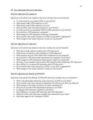 167
F2. Key Informant Interview Questions
Interview Questions for employers
Questions to be asked in the employer interviews include, but are not limited to:
• To what extent do you employ LPNs in your facility?
• What factors make LPNs attractive to you?
• What factors make LPNs unattractive to you?
• How do LPNs work with other personnel in your facility?
• To what extent do you substitute LPNs for other personnel in your facility?
• Do you believe LPN education is adequate?
• What changes to LPN education would you recommend?
• Do you believe the scope of practice of LPNs in your State is appropriate?
• What changes to the scope of practice would you recommend?
Interview Questions for educators
Questions to be asked in the educator interviews include, but are not limited to:
• What factors help students complete their LPN education?
• What factors are barriers to the completion of LPN education?
• What positions do your LPNs obtain after completion of your program?
• Do you believe LPN educational requirements are adequate in your State?
• What changes to LPN educational requirements would you recommend?
• Do many of your students want to pursue RN education after completing LPN education?
• How difficult is it to pursue RN education after LPN education?
• Do you believe the scope of practice of LPNs in your State is appropriate?
• What changes to the scope of practice would you recommend?
Interview Questions for Boards of LPN/LPN
Questions to be asked in the Boards of LPN/LPN interviews include, but are not limited to:
• What is the philosophy behind the scope of practice of LPNs in your State?
• Do you believe the scope of practice regulations for LPNs in your State are effective?
• What changes to the scope of practice are under consideration?
• How do you accredit LPN educational programs in your State?
• Is adequate LPN education available in your State?
• How difficult is it to pursue RN education after LPN education?
• Where do LPNs work when they complete their education in your State?
• Does there appear to be a shortage of LPNs?
 