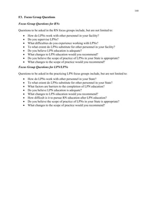168
F3. Focus Group Questions
Focus Group Questions for RNs
Questions to be asked in the RN focus groups include, but are not limited to:
• How do LPNs work with other personnel in your facility?
• Do you supervise LPNs?
• What difficulties do you experience working with LPNs?
• To what extent do LPNs substitute for other personnel in your facility?
• Do you believe LPN education is adequate?
• What changes to LPN education would you recommend?
• Do you believe the scope of practice of LPNs in your State is appropriate?
• What changes to the scope of practice would you recommend?
Focus Group Questions for LPN/LPNs
Questions to be asked in the practicing LPN focus groups include, but are not limited to:
• How do LPNs work with other personnel in your State?
• To what extent do LPNs substitute for other personnel in your State?
• What factors are barriers to the completion of LPN education?
• Do you believe LPN education is adequate?
• What changes to LPN education would you recommend?
• How difficult is it to pursue RN education after LPN education?
• Do you believe the scope of practice of LPNs in your State is appropriate?
• What changes to the scope of practice would you recommend?
 