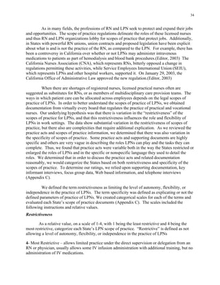 34
As in many fields, the professions of RN and LPN seek to protect and expand their jobs
and opportunities. The scope of practice regulations delineate the roles of these licensed nurses
and thus RN and LPN organizations lobby for scopes of practice that protect jobs. Additionally,
in States with powerful RN unions, union contracts and proposed legislation have been explicit
about what is and is not the practice of the RN, as compared to the LPN. For example, there has
been a controversy in California over whether or not LPNs may administer intravenous
medications to patients as part of hemodialysis and blood bank procedures.(Editor, 2003) The
California Nurses Association (CNA), which represents RNs, bitterly opposed a change in
regulations permitting these activities, while Service Employees International Union (SEIU),
which represents LPNs and other hospital workers, supported it. On January 29, 2003, the
California Office of Administrative Law approved the new regulation.(Editor, 2003)
When there are shortages of registered nurses, licensed practical nurses often are
suggested as substitutes for RNs, or as members of multidisciplinary care provision teams. The
ways in which patient care can be allocated across employees depends on the legal scopes of
practice of LPNs. In order to better understand the scopes of practice of LPNs, we obtained
documentation from virtually every board that regulates the practice of practical and vocational
nurses. Our underlying hypothesis was that there is variation in the “restrictiveness” of the
scopes of practice for LPNs, and that this restrictiveness influences the role and flexibility of
LPNs in work settings. The data show substantial variation in the restrictiveness of scopes of
practice, but there also are complexities that require additional explication. As we reviewed the
practice acts and scopes of practice information, we determined that there was also variation in
the specificity of scopes of practice. Some practice acts and supporting documents are highly
specific and others are very vague in describing the roles LPNs can play and the tasks they can
complete. Thus, we found that practice acts were variable both in the way the States restricted or
enlarged the roles of LPNs and in the specific or nonspecific language they used to detail the
roles. We determined that in order to discuss the practice acts and related documentation
reasonably, we would categorize the States based on both restrictiveness and specificity of the
scopes of practice. To determine our ratings, we relied upon supporting documentation, key
informant interviews, focus group data, Web based information, and telephone interviews
(Appendix C).
We defined the term restrictiveness as limiting the level of autonomy, flexibility, or
independence in the practice of LPNs. The term specificity was defined as explicating or not the
defined parameters of practice of LPNs. We created categorical scales for each of the terms and
evaluated each State’s scope of practice documents (Appendix C). The scales included the
following instructions and relative values.
Restrictiveness
As a relative value, on a scale of 1-4, with 1 being the least restrictive and 4 being the
most restrictive, categorize each State’s LPN scope of practice. “Restrictive” is defined as not
allowing a level of autonomy, flexibility, or independence in the practice of LPNs
4- Most Restrictive – allows limited practice under the direct supervision or delegation from an
RN or physician, usually allows some IV infusion administration with additional training, but no
administration of IV medications.
 