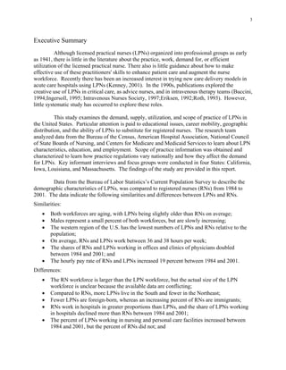 3
Executive Summary
Although licensed practical nurses (LPNs) organized into professional groups as early
as 1941, there is little in the literature about the practice, work, demand for, or efficient
utilization of the licensed practical nurse. There also is little guidance about how to make
effective use of these practitioners' skills to enhance patient care and augment the nurse
workforce. Recently there has been an increased interest in trying new care delivery models in
acute care hospitals using LPNs (Kenney, 2001). In the 1990s, publications explored the
creative use of LPNs in critical care, as advice nurses, and in intravenous therapy teams (Buccini,
1994;Ingersoll, 1995; Intravenous Nurses Society, 1997;Eriksen, 1992;Roth, 1993). However,
little systematic study has occurred to explore these roles.
This study examines the demand, supply, utilization, and scope of practice of LPNs in
the United States. Particular attention is paid to educational issues, career mobility, geographic
distribution, and the ability of LPNs to substitute for registered nurses. The research team
analyzed data from the Bureau of the Census, American Hospital Association, National Council
of State Boards of Nursing, and Centers for Medicare and Medicaid Services to learn about LPN
characteristics, education, and employment. Scope of practice information was obtained and
characterized to learn how practice regulations vary nationally and how they affect the demand
for LPNs. Key informant interviews and focus groups were conducted in four States: California,
Iowa, Louisiana, and Massachusetts. The findings of the study are provided in this report.
Data from the Bureau of Labor Statistics’s Current Population Survey to describe the
demographic characteristics of LPNs, was compared to registered nurses (RNs) from 1984 to
2001. The data indicate the following similarities and differences between LPNs and RNs.
Similarities:
•	 Both workforces are aging, with LPNs being slightly older than RNs on average;
•	 Males represent a small percent of both workforces, but are slowly increasing;
•	 The western region of the U.S. has the lowest numbers of LPNs and RNs relative to the
population;
•	 On average, RNs and LPNs work between 36 and 38 hours per week;
•	 The shares of RNs and LPNs working in offices and clinics of physicians doubled 

between 1984 and 2001; and 

•	 The hourly pay rate of RNs and LPNs increased 19 percent between 1984 and 2001.
Differences:
•	 The RN workforce is larger than the LPN workforce, but the actual size of the LPN
workforce is unclear because the available data are conflicting;
•	 Compared to RNs, more LPNs live in the South and fewer in the Northeast;
•	 Fewer LPNs are foreign-born, whereas an increasing percent of RNs are immigrants;
•	 RNs work in hospitals in greater proportions than LPNs, and the share of LPNs working
in hospitals declined more than RNs between 1984 and 2001;
•	 The percent of LPNs working in nursing and personal care facilities increased between
1984 and 2001, but the percent of RNs did not; and
 