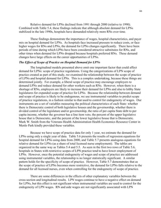 66
Relative demand for LPNs declined from 1991 through 2000 (relative to 1990).
Combined with Table 5.4, these findings indicate that although absolute demand for LPNs
stabilized in the late 1990s, hospitals have demanded relatively more RNs over time.
These findings demonstrate the importance of wages, hospital characteristics, and payer
mix on hospital demand for LPNs. As hospitals face increased pressure to reduce costs, or face
higher wages for RNs and LPNs, the demand for LPNs changes significantly. There have been
periods of time during which LPNs have been considered attractive substitutes for RNs, and
other times when demand for LPNs dropped because hospitals preferred RNs. These demand
changes have large effects on the career opportunities of LPNs.
The Effect of Scope of Practice on Hospital Demand for LPNs
The longitudinal models presented above omit one important factor that could affect
demand for LPNs: scope of practice regulations. Using the categorizations of LPN scope of
practice created as part of this study, we examined the relationship between the scope of practice
of LPNs and hospital demand for LPNs. This is a complex undertaking, because these things are
determined jointly. For example, a liberal scope of practice may encourage employers to
demand LPNs and reduce demand for other workers such as RNs. However, when there is a
shortage of RNs, employers are likely to increase their demand for LPNs and also to lobby State
legislatures for expanded scope of practice for LPNs. Because the relationship between demand
and scope of practice is likely to be endogenous, we use instrumental variables to predict scope
of practice regulations, in a fashion similar to that used to control for endogeneity of wages. Our
instruments are a set of variables measuring the political characteristics of each State: whether
there is Democratic control of both legislative houses and the governorship, whether there is
divided control of the legislature and/or governorship, the ratio of per capita State debt to per
capita income, whether the governor has a line item veto, the percent of the upper legislative
house that is Democratic, and the percent of the lower legislative house that is Democratic.
Mark W. Smith from the Veterans Health Administration Health Economics Resource Center in
Menlo Park kindly provided these variables.
Because we have scope of practice data for only 1 year, we estimate the demand for
LPNs using only a single year of data. Table 5.6 presents the results of regression equations for
hospital demand for LPNs using data from 2000, and Table 5.7 presents analogous equations for
relative demand for LPNs (as a share of total licensed nurse employment). The tables are
organized in the same way as Tables 5.4 and 5.5. As seen in the first two rows of Table 5.6,
hospitals in States with restrictive scopes of LPN practice tend to have lower employment of
LPNs. However, once the potential endogeneity of wages and scope of practice are addressed
using instrumental variables, the relationship is no longer statistically significant. A similar
pattern holds for the specificity of scope of practice. However, Table 5.7 demonstrates that as
the scope of practice of LPNs becomes more restrictive, the demand for LPNs falls relative to the
demand for all licensed nurses, even when controlling for the endogeneity of scope of practice.
There are some differences in the effects of other explanatory variables between the
cross-section and longitudinal results. LPN wages continue to have a negative effect on demand
for LPNs, but this effect is not significant when instrumental variables are used to control for the
endogeneity of LPN wages. RN and aide wages are not significantly associated with LPN
 