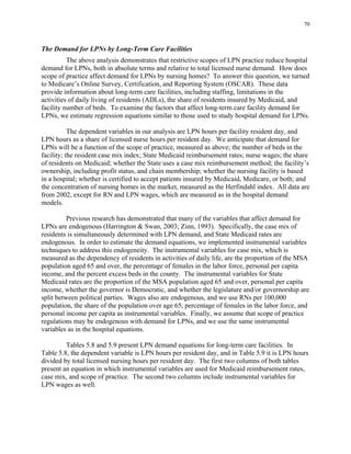 70
The Demand for LPNs by Long-Term Care Facilities
The above analysis demonstrates that restrictive scopes of LPN practice reduce hospital
demand for LPNs, both in absolute terms and relative to total licensed nurse demand. How does
scope of practice affect demand for LPNs by nursing homes? To answer this question, we turned
to Medicare’s Online Survey, Certification, and Reporting System (OSCAR). These data
provide information about long-term care facilities, including staffing, limitations in the
activities of daily living of residents (ADLs), the share of residents insured by Medicaid, and
facility number of beds. To examine the factors that affect long-term care facility demand for
LPNs, we estimate regression equations similar to those used to study hospital demand for LPNs.
The dependent variables in our analysis are LPN hours per facility resident day, and
LPN hours as a share of licensed nurse hours per resident day. We anticipate that demand for
LPNs will be a function of the scope of practice, measured as above; the number of beds in the
facility; the resident case mix index; State Medicaid reimbursement rates; nurse wages; the share
of residents on Medicaid; whether the State uses a case mix reimbursement method; the facility’s
ownership, including profit status, and chain membership; whether the nursing facility is based
in a hospital; whether is certified to accept patients insured by Medicaid, Medicare, or both; and
the concentration of nursing homes in the market, measured as the Herfindahl index. All data are
from 2002, except for RN and LPN wages, which are measured as in the hospital demand
models.
Previous research has demonstrated that many of the variables that affect demand for
LPNs are endogenous (Harrington & Swan, 2003; Zinn, 1993). Specifically, the case mix of
residents is simultaneously determined with LPN demand, and State Medicaid rates are
endogenous. In order to estimate the demand equations, we implemented instrumental variables
techniques to address this endogeneity. The instrumental variables for case mix, which is
measured as the dependency of residents in activities of daily life, are the proportion of the MSA
population aged 65 and over, the percentage of females in the labor force, personal per capita
income, and the percent excess beds in the county. The instrumental variables for State
Medicaid rates are the proportion of the MSA population aged 65 and over, personal per capita
income, whether the governor is Democratic, and whether the legislature and/or governorship are
split between political parties. Wages also are endogenous, and we use RNs per 100,000
population, the share of the population over age 65, percentage of females in the labor force, and
personal income per capita as instrumental variables. Finally, we assume that scope of practice
regulations may be endogenous with demand for LPNs, and we use the same instrumental
variables as in the hospital equations.
Tables 5.8 and 5.9 present LPN demand equations for long-term care facilities. In
Table 5.8, the dependent variable is LPN hours per resident day, and in Table 5.9 it is LPN hours
divided by total licensed nursing hours per resident day. The first two columns of both tables
present an equation in which instrumental variables are used for Medicaid reimbursement rates,
case mix, and scope of practice. The second two columns include instrumental variables for
LPN wages as well.
 